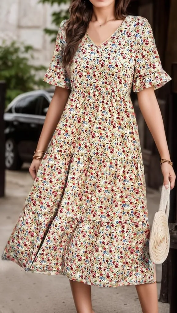 Women's Summer Boho Floral Print V-Neck Ruffled Short Sleeve Dress Casual High Waist A-line Loose Flowy Beach Sundress