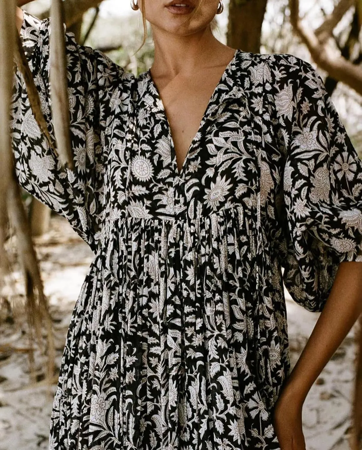 Womens Summer Dresses Casual Boho Floral Babydoll Balloon Sleeve Half Open Tether Flowy Short Beach Dress