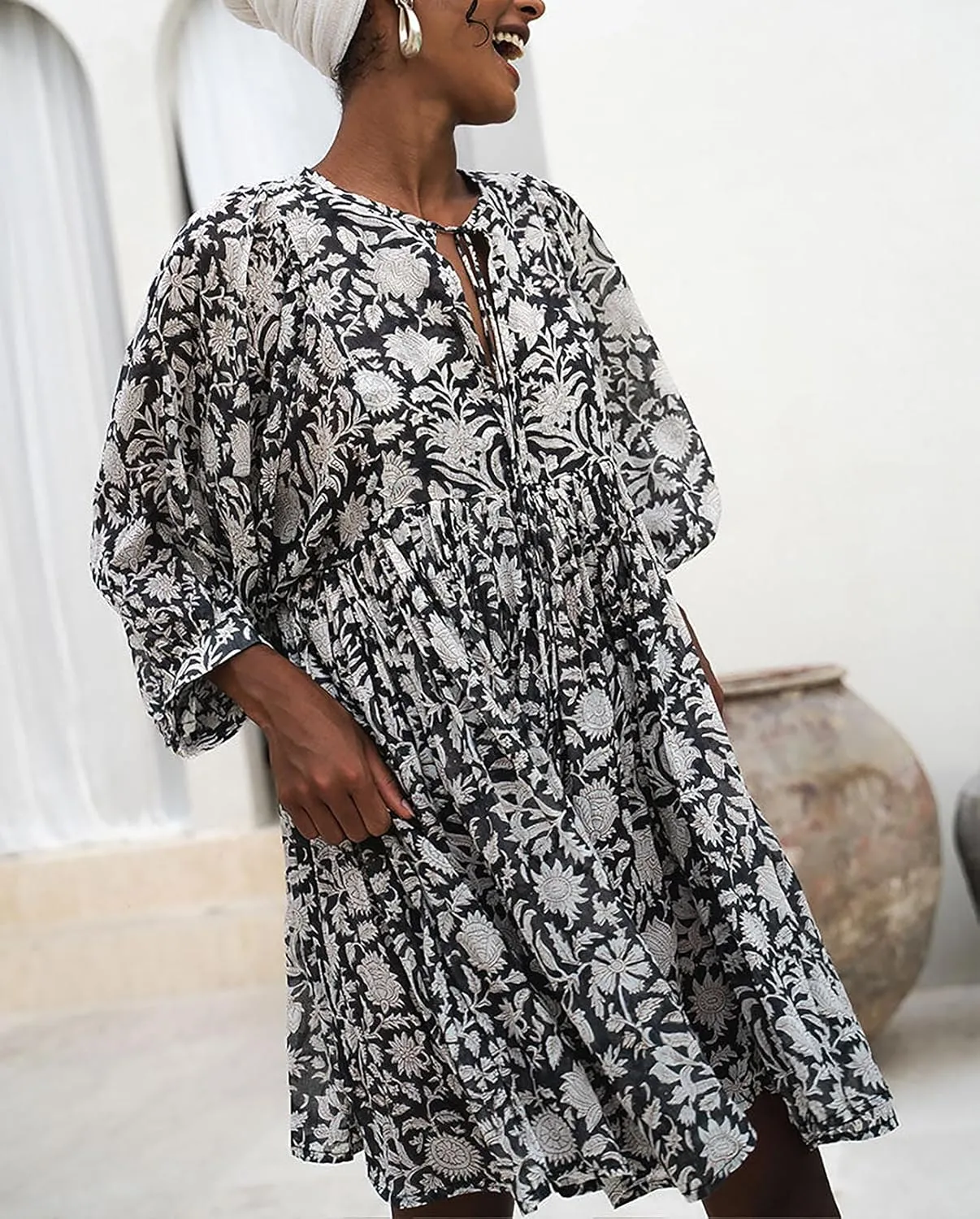 Womens Summer Dresses Casual Boho Floral Babydoll Balloon Sleeve Half Open Tether Flowy Short Beach Dress