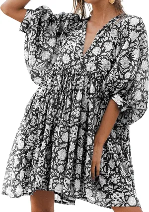 Womens Summer Dresses Casual Boho Floral Babydoll Balloon Sleeve Half Open Tether Flowy Short Beach Dress