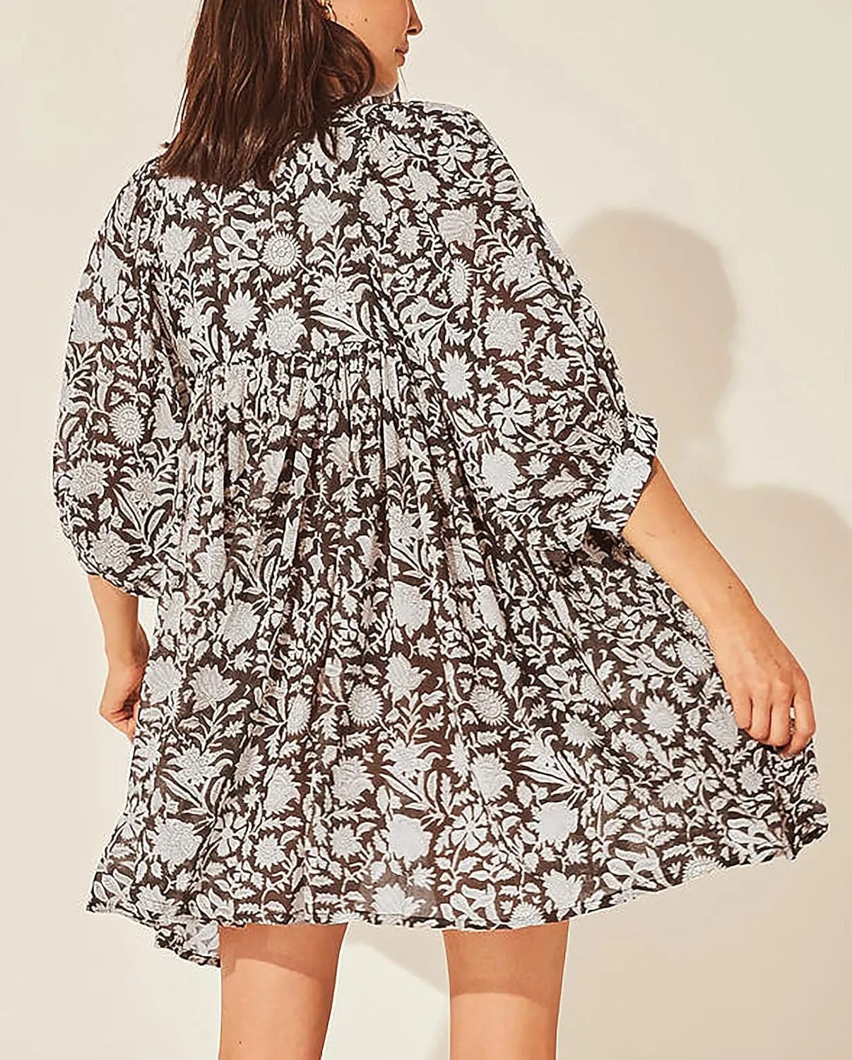 Womens Summer Dresses Casual Boho Floral Babydoll Balloon Sleeve Half Open Tether Flowy Short Beach Dress