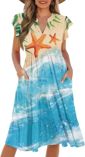 Women's Summer Short Sleeve Dress Ruffle Wrap V Neck Sundress Print Casual Pleated Tunic Vacation Midi Dresses