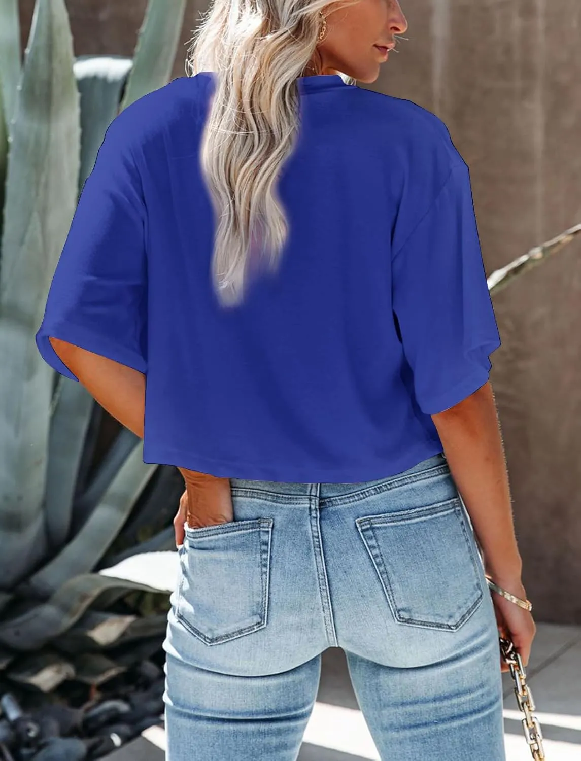 Women's Summer V Neck Cropped Tops Short Half Sleeve Loose Fit Tee Shirts