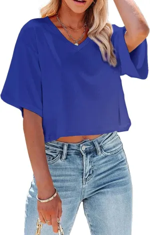 Women's Summer V Neck Cropped Tops Short Half Sleeve Loose Fit Tee Shirts