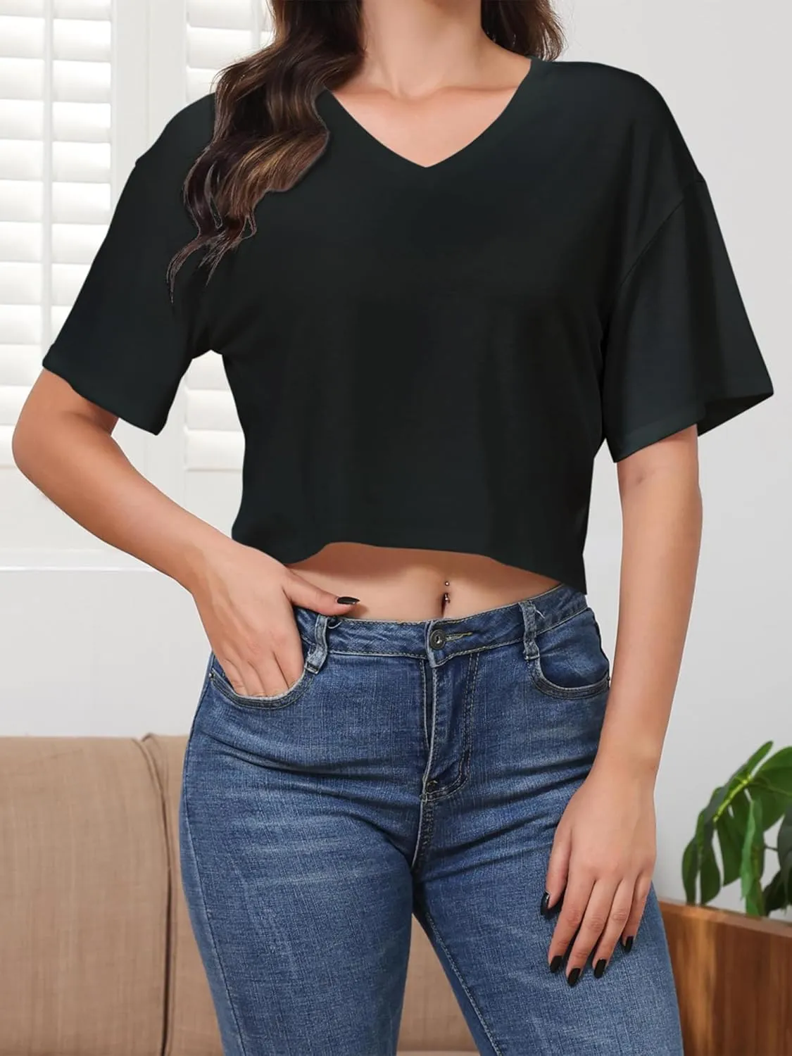 Women's Summer V Neck Cropped Tops Short Half Sleeve Loose Fit Tee Shirts