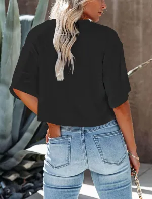 Women's Summer V Neck Cropped Tops Short Half Sleeve Loose Fit Tee Shirts
