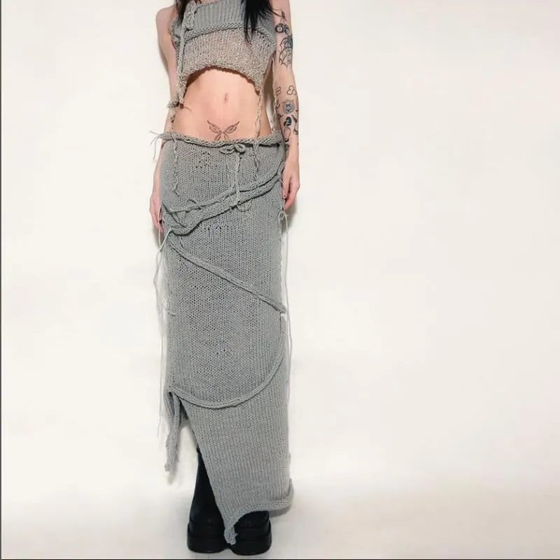 Women's Summer y2k knit Dress 2piece Backless strap crop top & Maxi Dress 2piece Party Trash Wind Club 2piece set