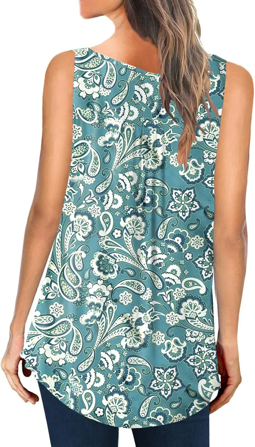 Womens Tank Tops Summer Sleeveless Henley Shirts Flowy Pleated V-Neck Tunics Tee