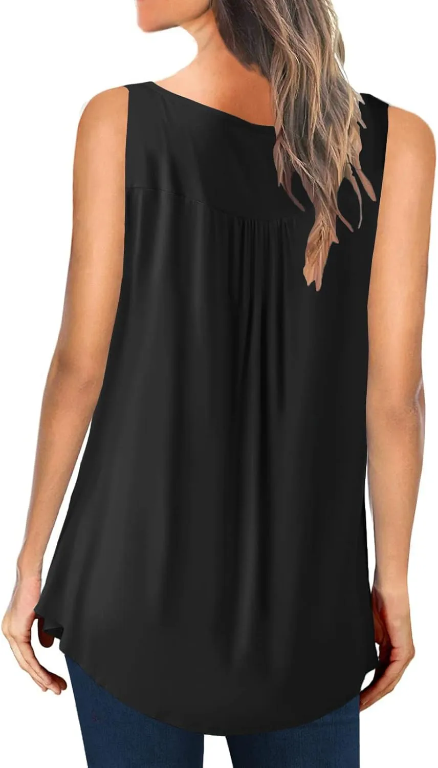 Womens Tank Tops Summer Sleeveless Henley Shirts Flowy Pleated V-Neck Tunics Tee