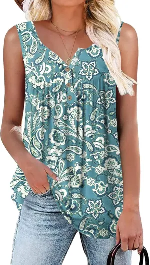 Womens Tank Tops Summer Sleeveless Henley Shirts Flowy Pleated V-Neck Tunics Tee