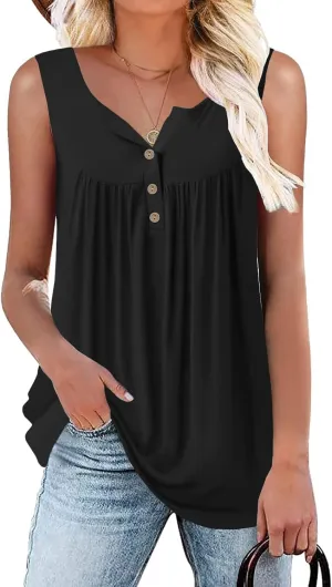 Womens Tank Tops Summer Sleeveless Henley Shirts Flowy Pleated V-Neck Tunics Tee