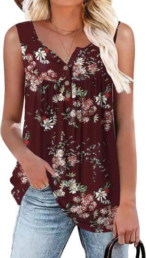 Womens Tank Tops Summer Sleeveless Henley Shirts Flowy Pleated V-Neck Tunics Tee