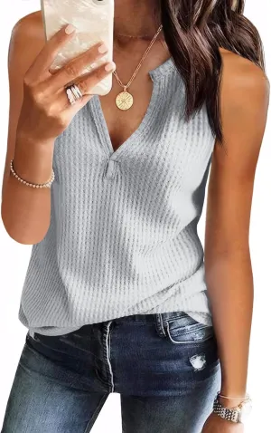 Womens Tank Tops V Neck Waffle Knit Summer Casual Sleeveless Loose Tee Shirts