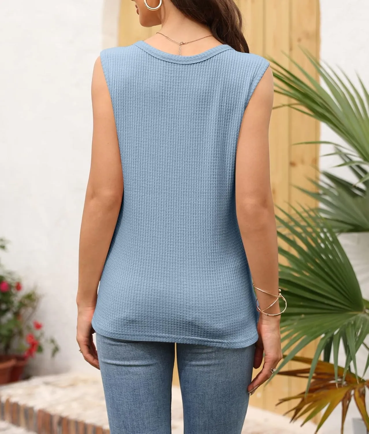 Womens Tank Tops V Neck Waffle Knit Summer Casual Sleeveless Loose Tee Shirts