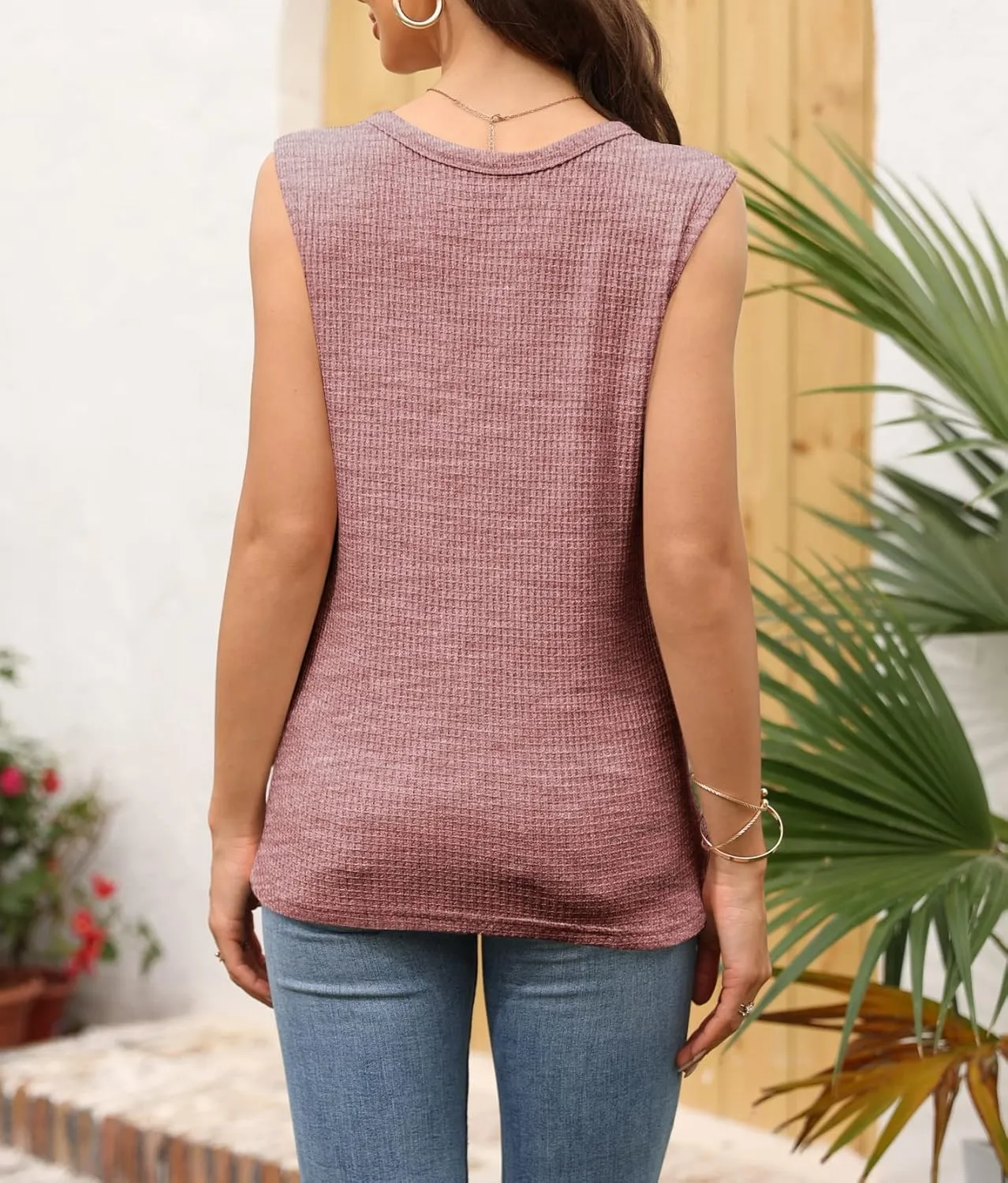 Womens Tank Tops V Neck Waffle Knit Summer Casual Sleeveless Loose Tee Shirts