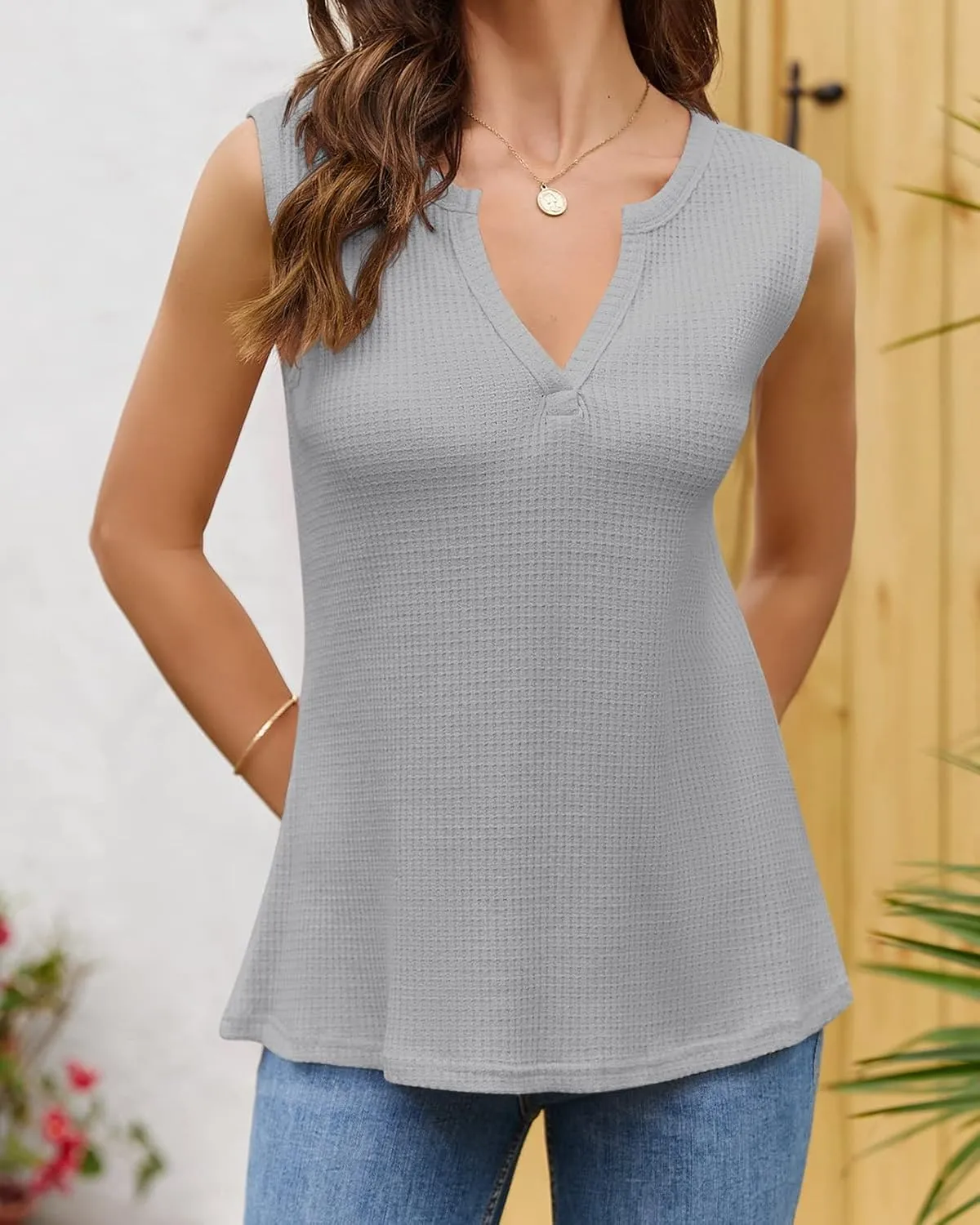 Womens Tank Tops V Neck Waffle Knit Summer Casual Sleeveless Loose Tee Shirts