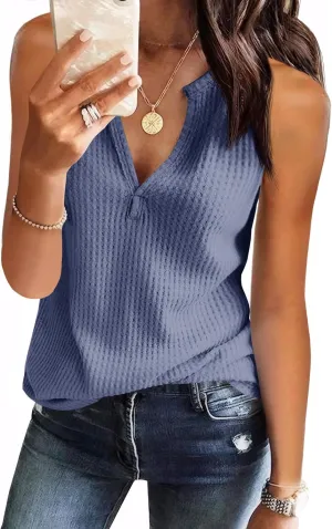 Womens Tank Tops V Neck Waffle Knit Summer Casual Sleeveless Loose Tee Shirts