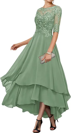 Women's Tea Length Mother of The Bride Dresses for Wedding with Pockets Half Sleeve Lace Chiffon Formal Evening Gown