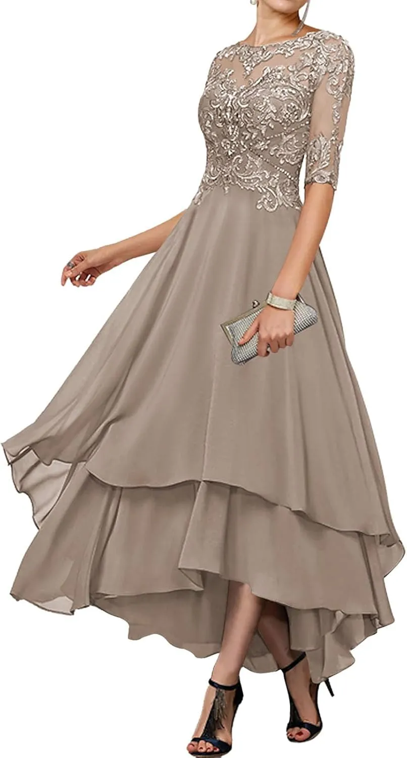 Women's Tea Length Mother of The Bride Dresses for Wedding with Pockets Half Sleeve Lace Chiffon Formal Evening Gown