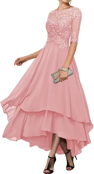 Women's Tea Length Mother of The Bride Dresses for Wedding with Pockets Half Sleeve Lace Chiffon Formal Evening Gown