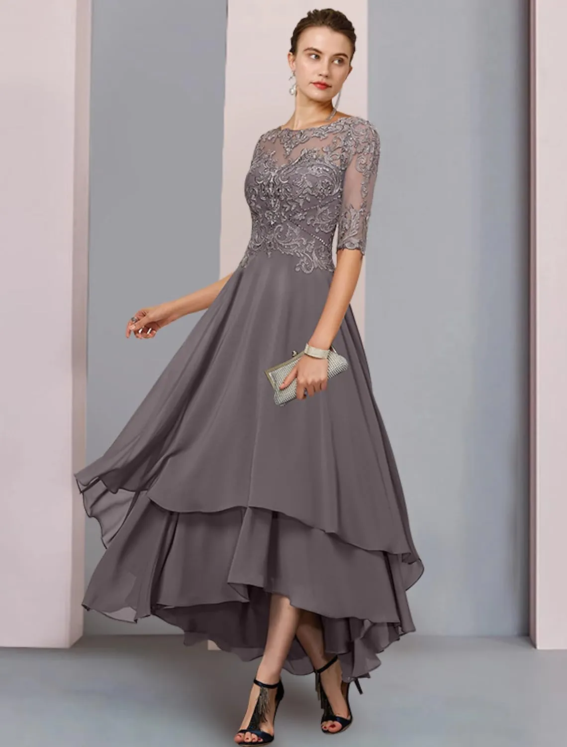 Women's Tea Length Mother of The Bride Dresses for Wedding with Pockets Half Sleeve Lace Chiffon Formal Evening Gown
