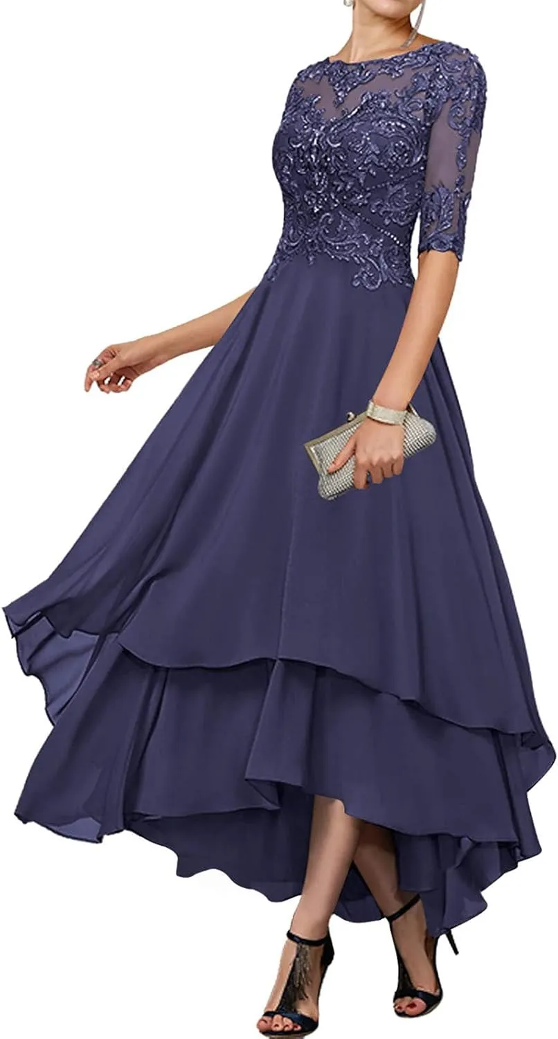 Women's Tea Length Mother of The Bride Dresses for Wedding with Pockets Half Sleeve Lace Chiffon Formal Evening Gown