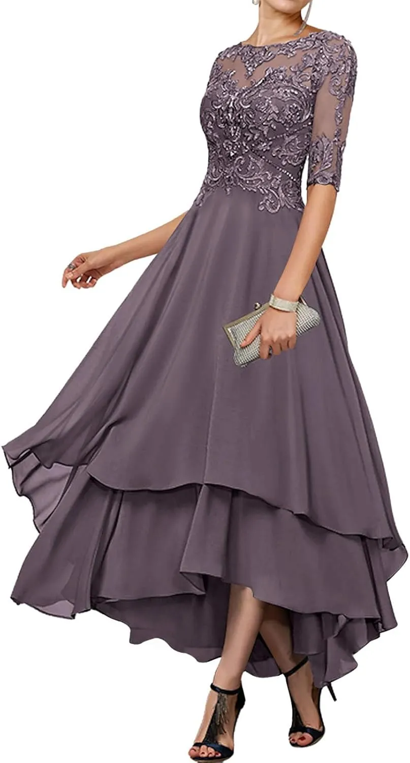 Women's Tea Length Mother of The Bride Dresses for Wedding with Pockets Half Sleeve Lace Chiffon Formal Evening Gown