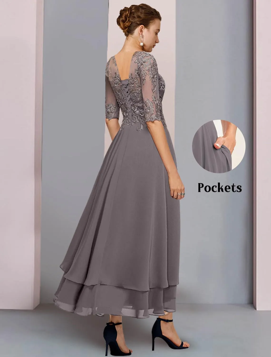 Women's Tea Length Mother of The Bride Dresses for Wedding with Pockets Half Sleeve Lace Chiffon Formal Evening Gown