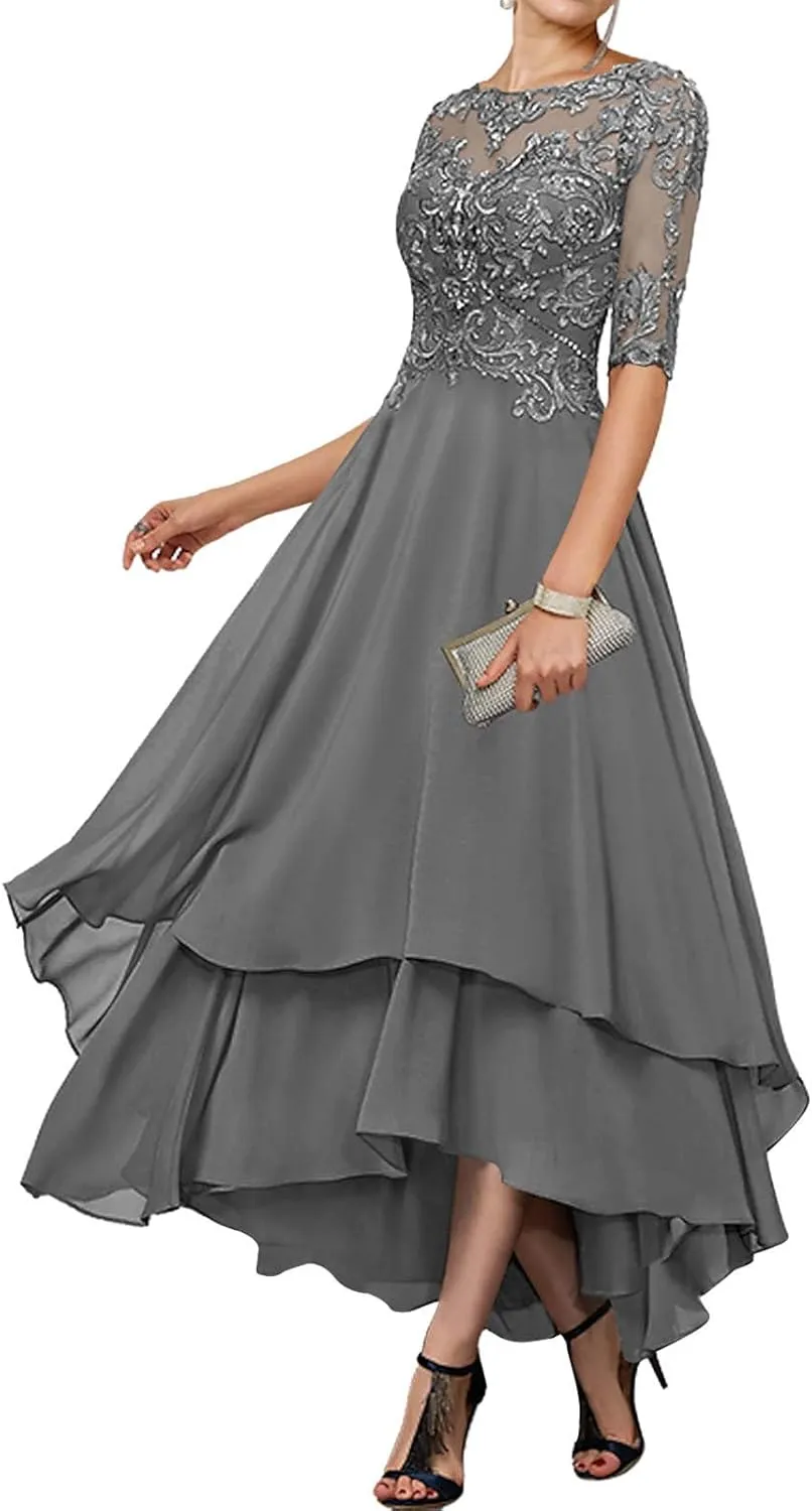 Women's Tea Length Mother of The Bride Dresses for Wedding with Pockets Half Sleeve Lace Chiffon Formal Evening Gown