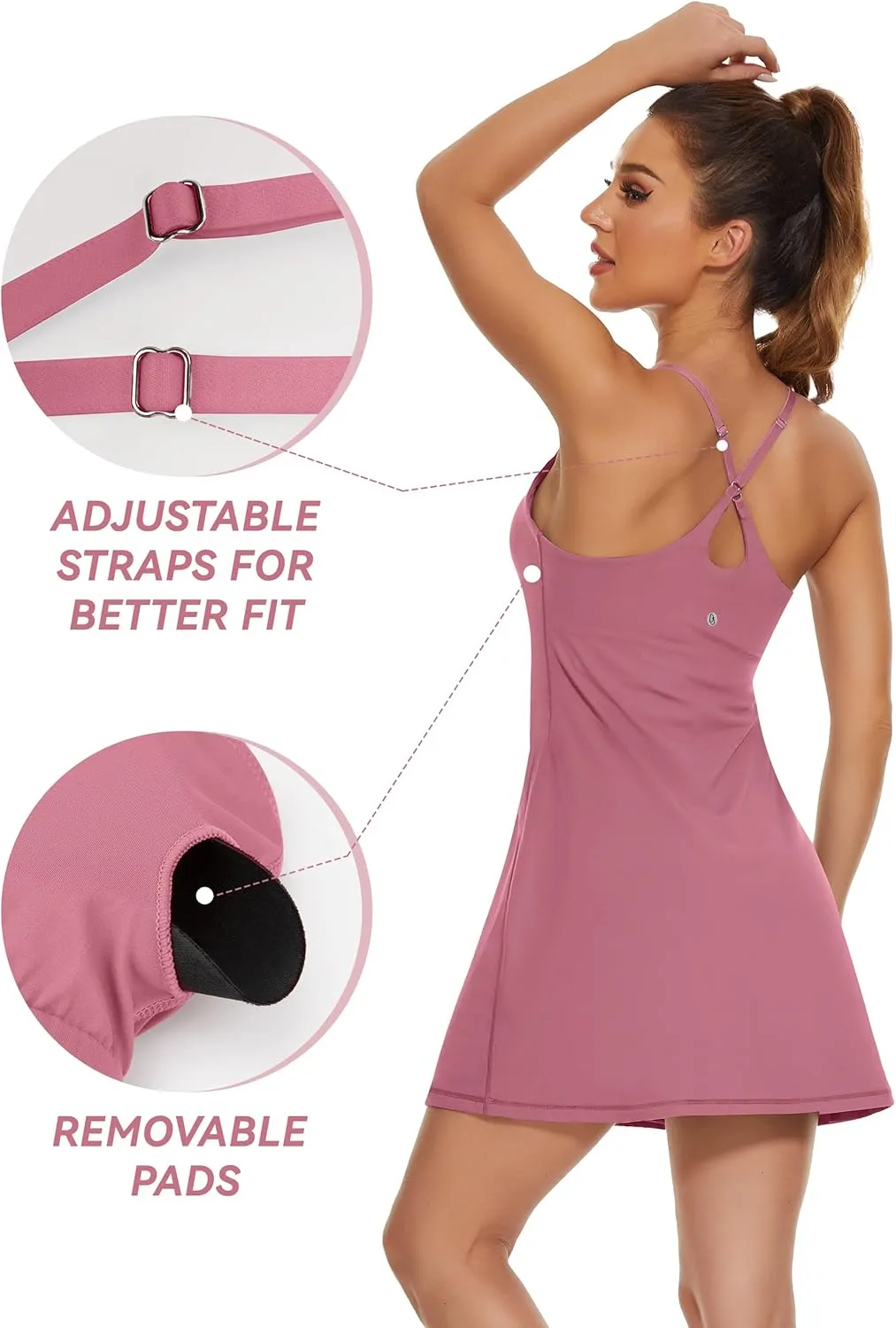 Womens Tennis Dress, 2-in-1 Golf Workout Dress with Built-in Bra & Shorts Pockets, Athletic Dresses with Adjustable Strap