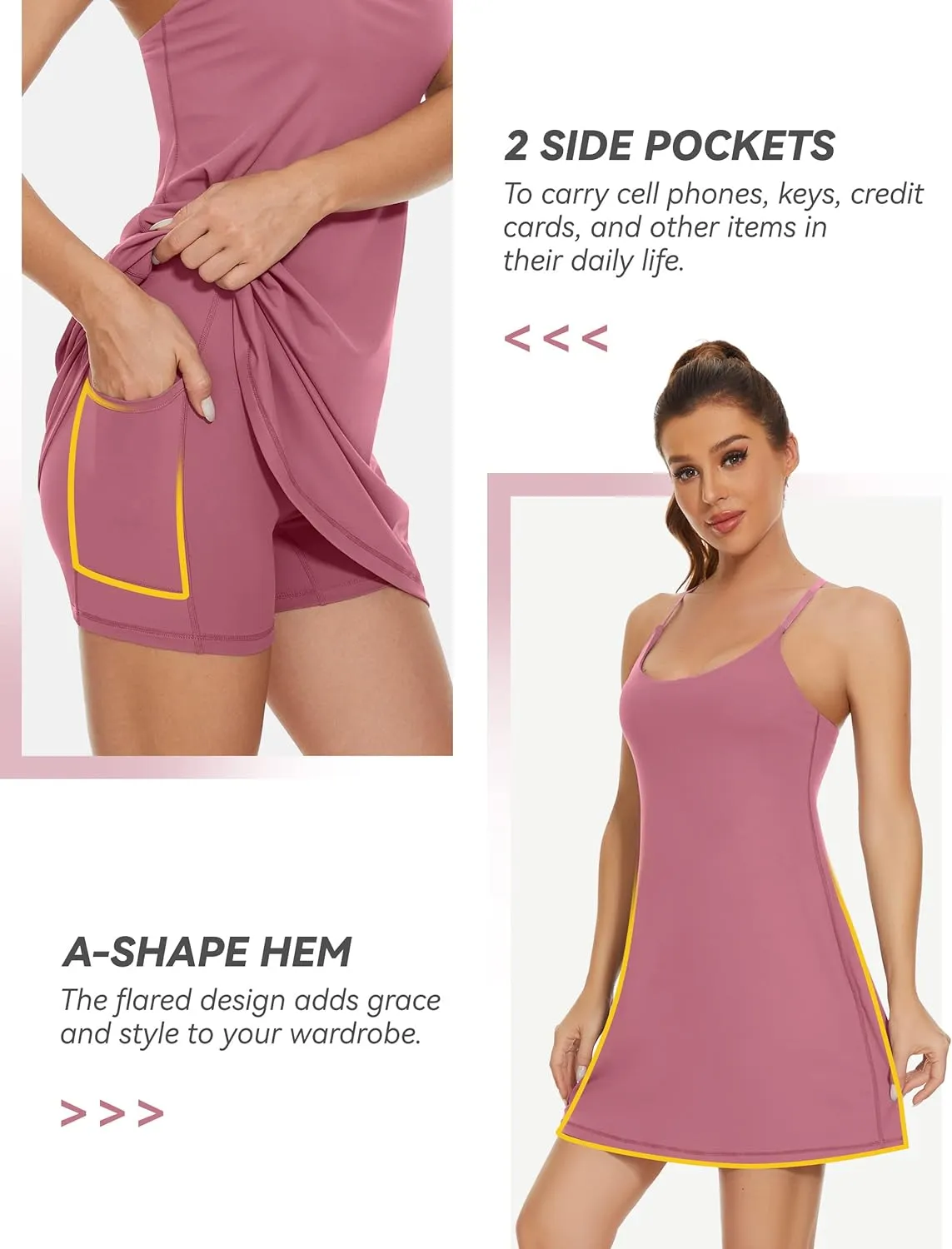 Womens Tennis Dress, 2-in-1 Golf Workout Dress with Built-in Bra & Shorts Pockets, Athletic Dresses with Adjustable Strap
