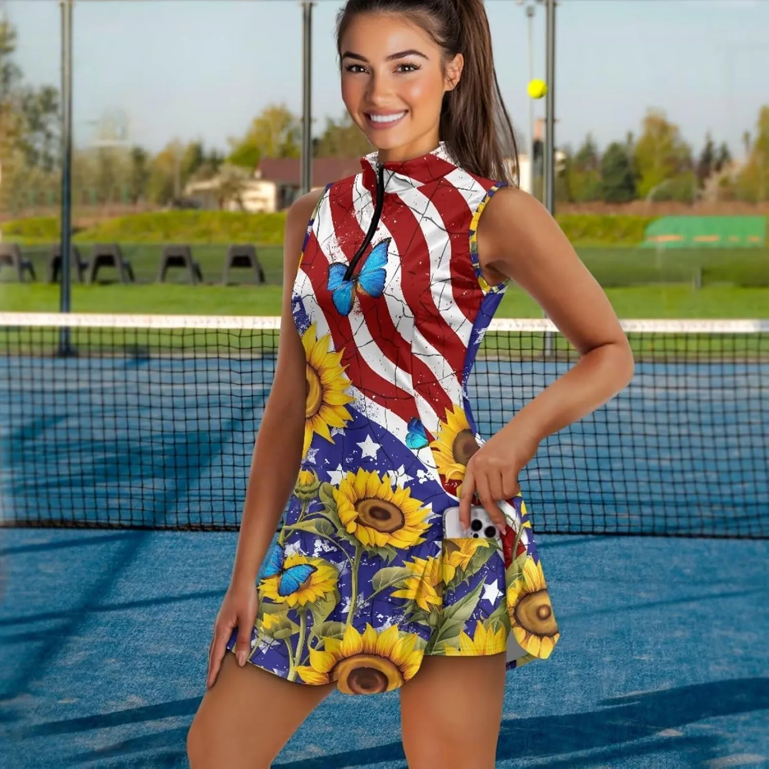 Women's Tennis Golf Dress with Built in Shorts and Pockets Activewear Workout Zipper Dress Sleeveless Gym Dress