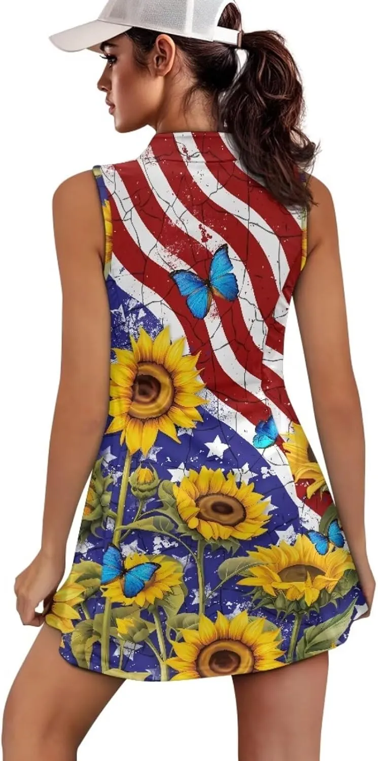 Women's Tennis Golf Dress with Built in Shorts and Pockets Activewear Workout Zipper Dress Sleeveless Gym Dress
