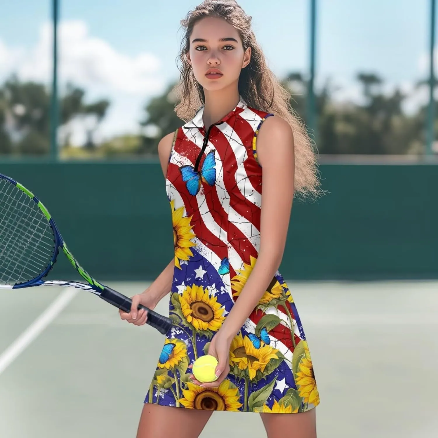 Women's Tennis Golf Dress with Built in Shorts and Pockets Activewear Workout Zipper Dress Sleeveless Gym Dress