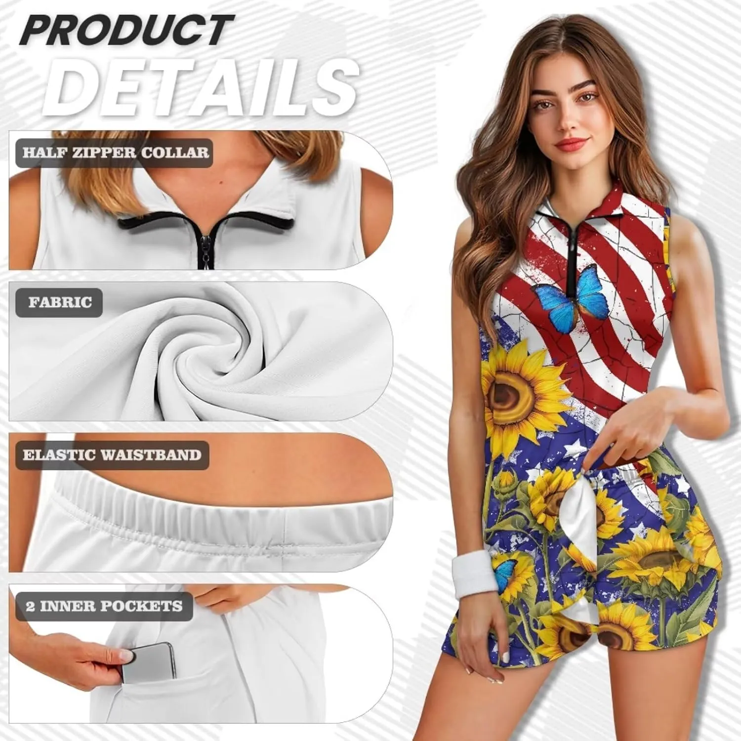 Women's Tennis Golf Dress with Built in Shorts and Pockets Activewear Workout Zipper Dress Sleeveless Gym Dress