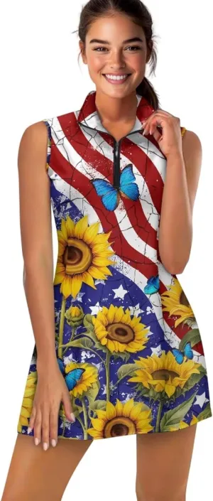 Women's Tennis Golf Dress with Built in Shorts and Pockets Activewear Workout Zipper Dress Sleeveless Gym Dress