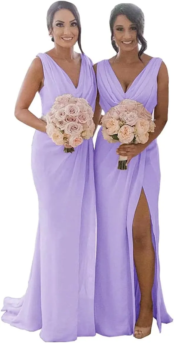 Women's V Neck Ruched Chiffon Bridesmaid Dresses Long Formal Evening Party Gown with High Slit