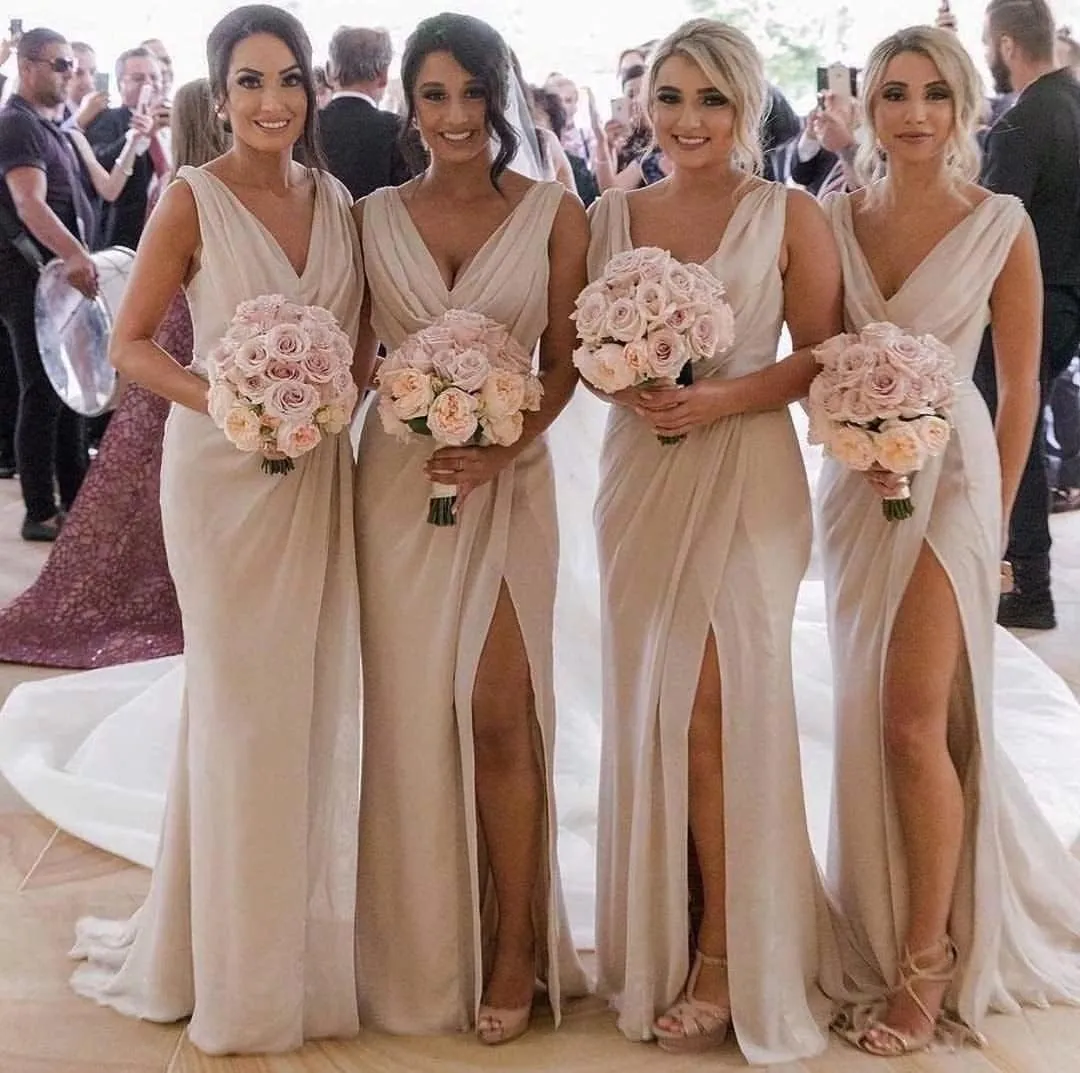 Women's V Neck Ruched Chiffon Bridesmaid Dresses Long Formal Evening Party Gown with High Slit