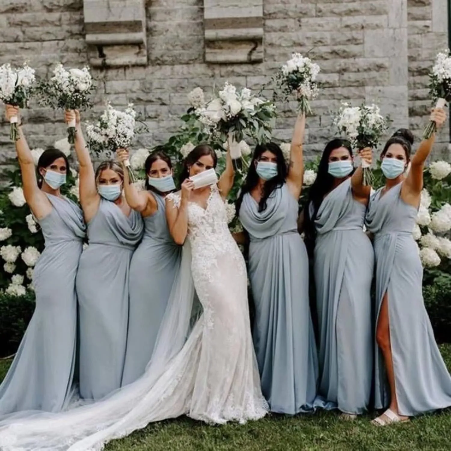 Women's V Neck Ruched Chiffon Bridesmaid Dresses Long Formal Evening Party Gown with High Slit