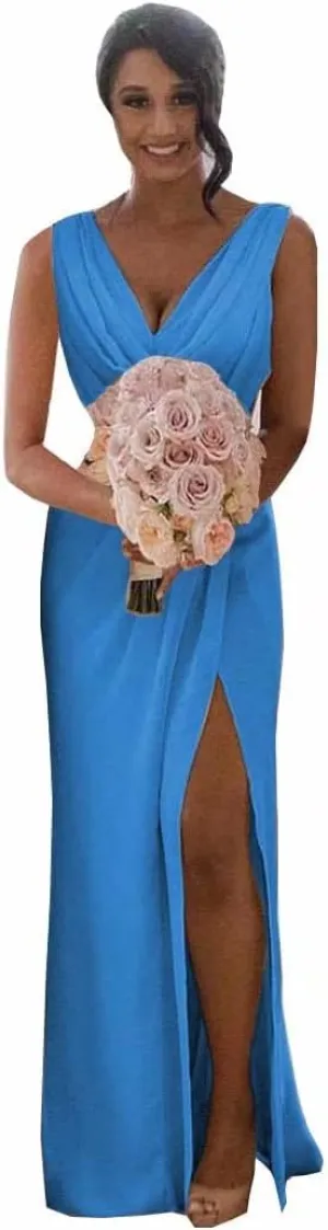 Women's V Neck Ruched Chiffon Bridesmaid Dresses Long Formal Evening Party Gown with High Slit