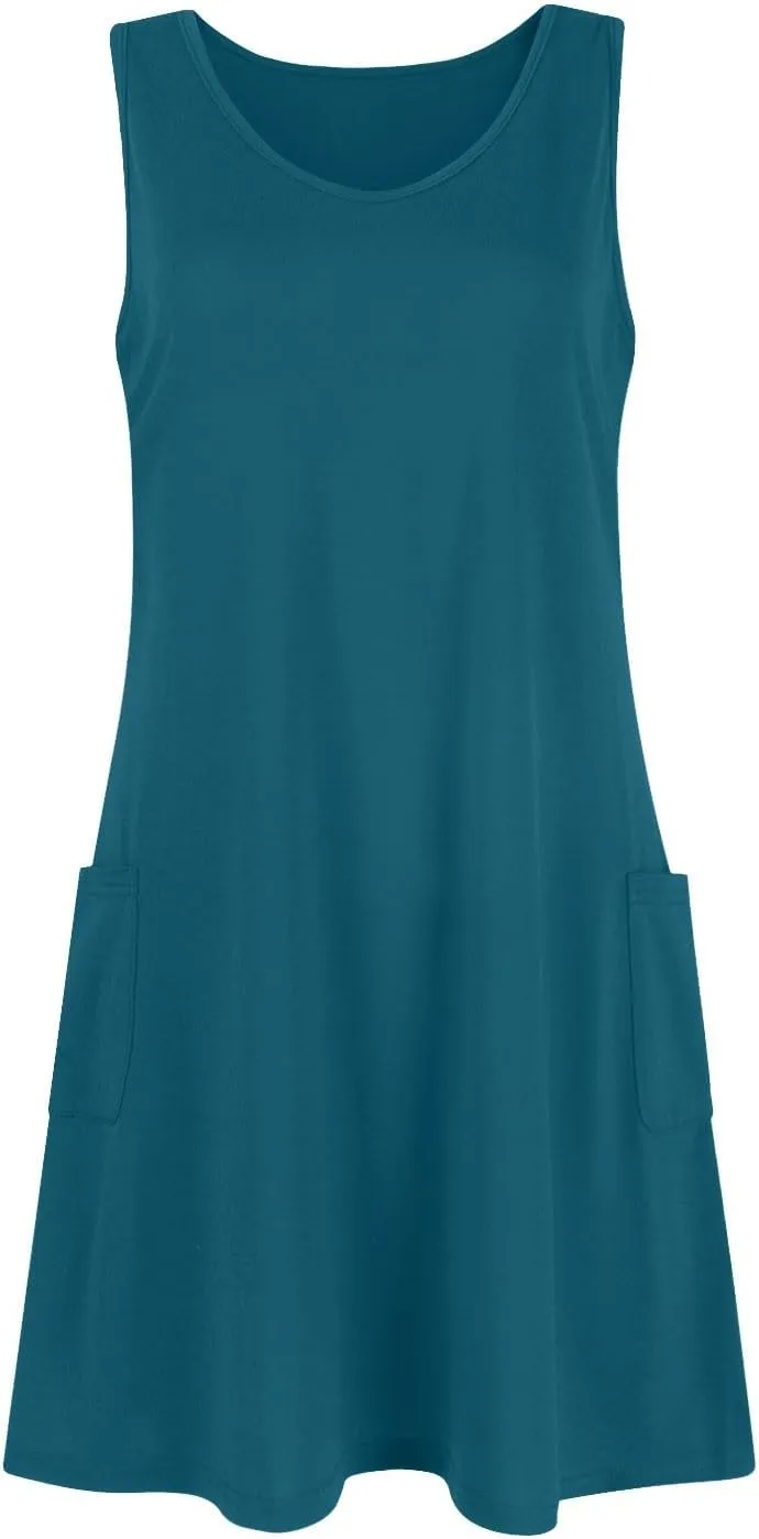 Women's V Neck Tank Dress Casual Summer Beach Sun Dresses Sleeveless Tunic Mini T Shirt Dress Sundress with Pockets
