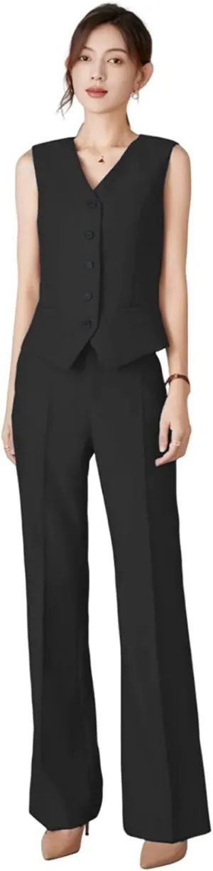Womens V Neck Vest Pants Suit 2 Piece Set Sleeveless Waistcoat Outfits