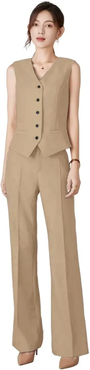 Womens V Neck Vest Pants Suit 2 Piece Set Sleeveless Waistcoat Outfits