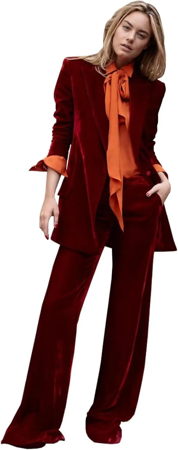 Women's Velvet 2 Piece Outfits Solid Blazer Jacket Work Office Pants Suit Set