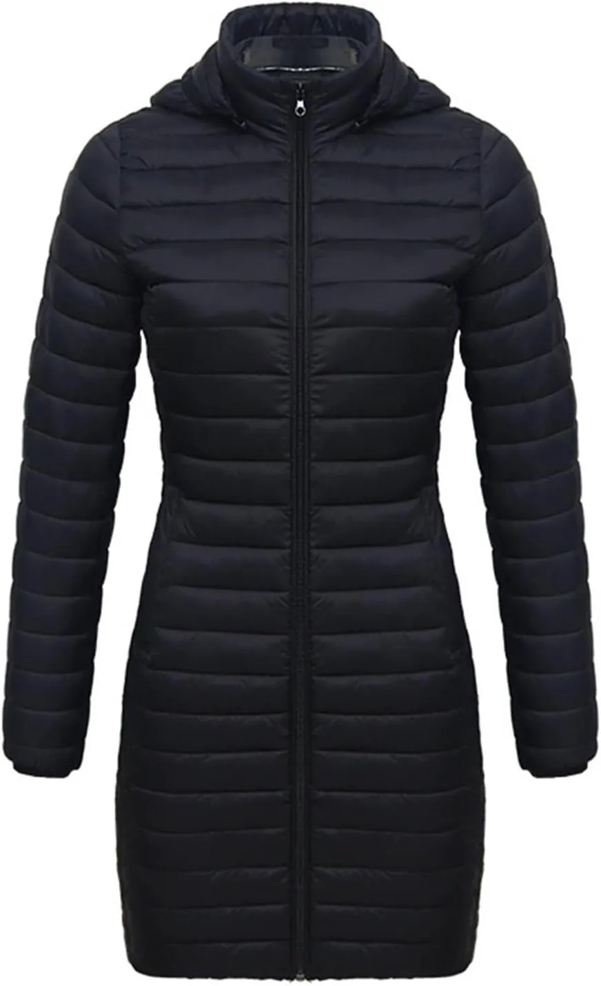 Womens Winter Long Puffer Jacket Lightweight Warm Slim Fit Stretchy Quilted Down Coat with Removable Hood Outerwear