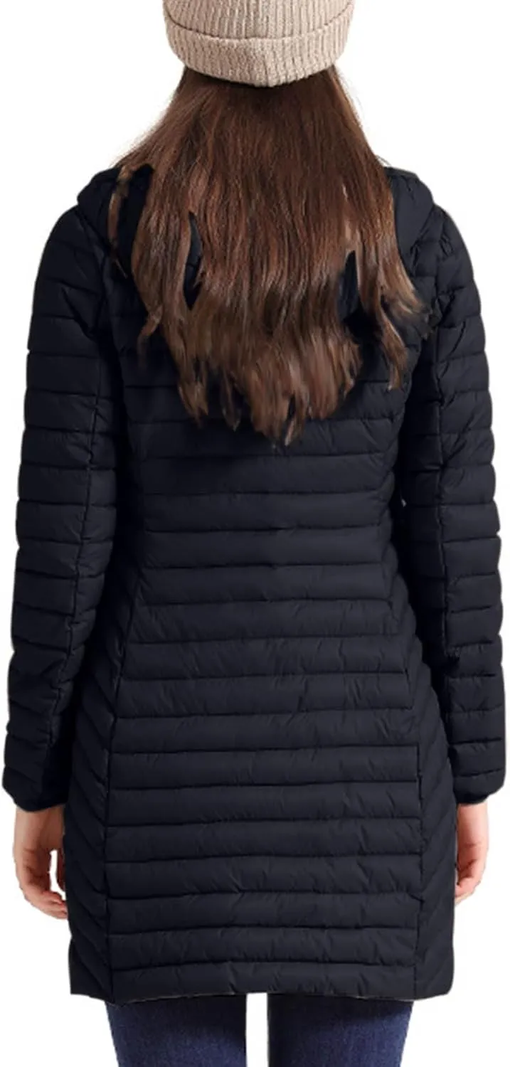 Womens Winter Long Puffer Jacket Lightweight Warm Slim Fit Stretchy Quilted Down Coat with Removable Hood Outerwear