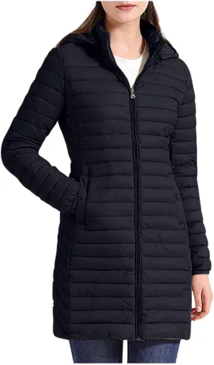 Womens Winter Long Puffer Jacket Lightweight Warm Slim Fit Stretchy Quilted Down Coat with Removable Hood Outerwear