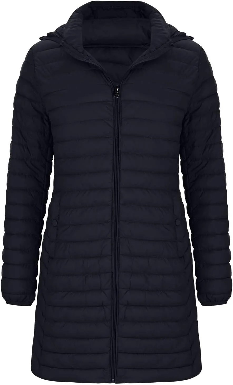 Womens Winter Long Puffer Jacket Lightweight Warm Slim Fit Stretchy Quilted Down Coat with Removable Hood Outerwear