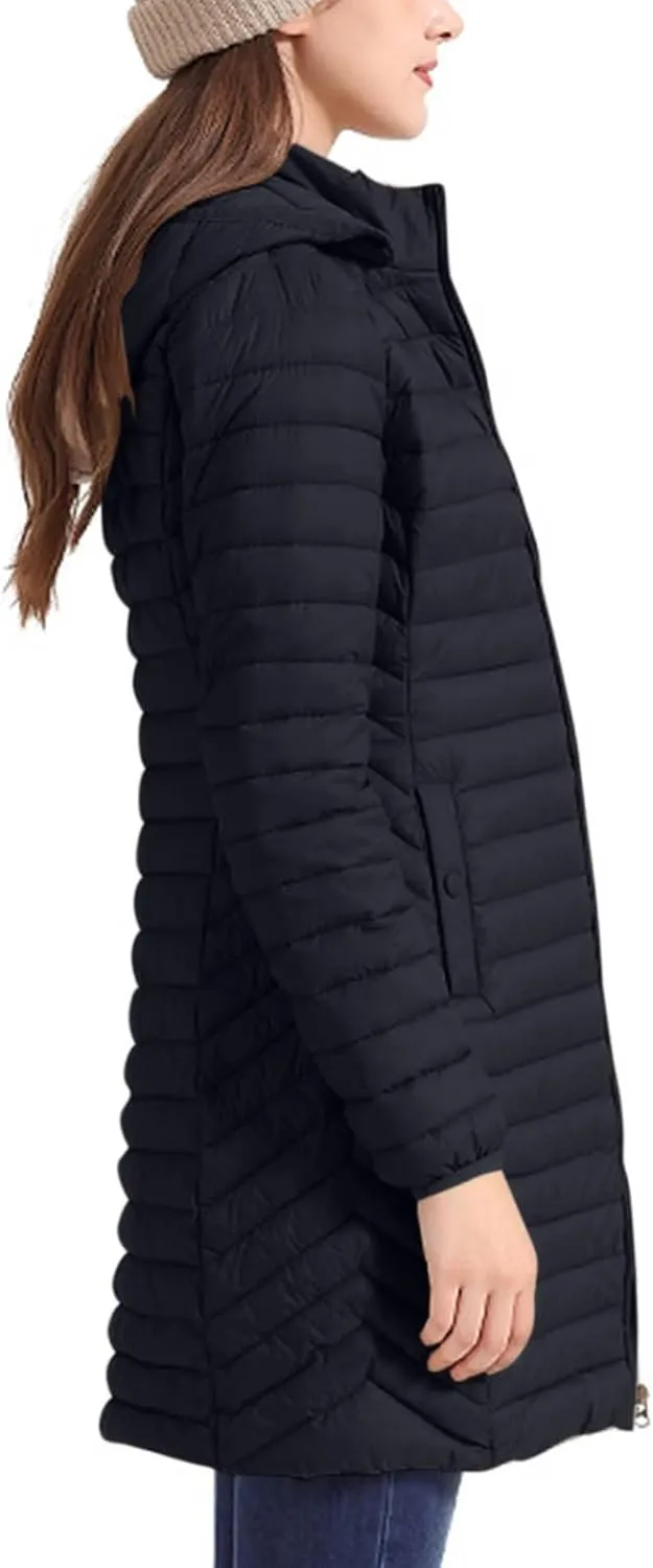 Womens Winter Long Puffer Jacket Lightweight Warm Slim Fit Stretchy Quilted Down Coat with Removable Hood Outerwear