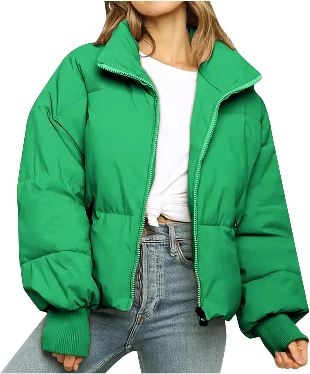 Women's Winter Stand Collar Puffer Jacket Zipper Baggy Short Padded down Coats Fluffy Thermal Warm Bread Cotton Coats